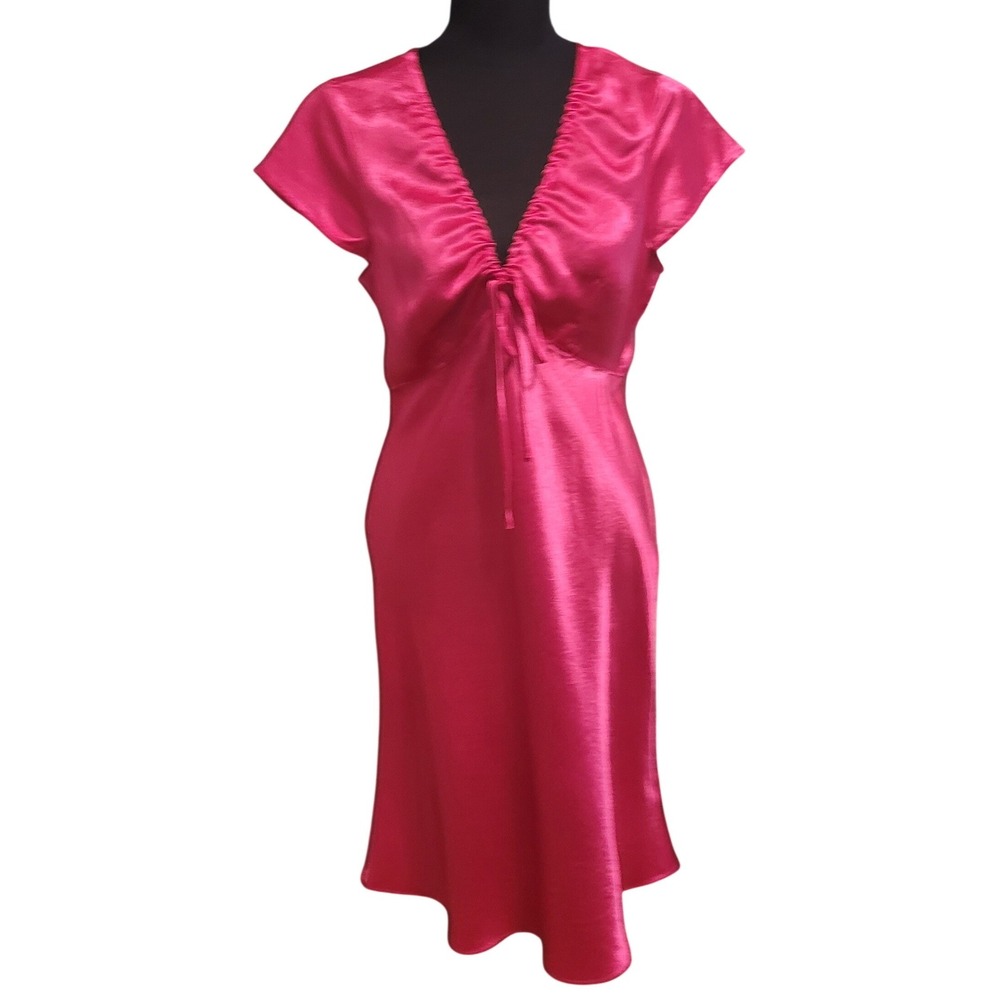 J.Crew Dress Fuchsia 8 Satin Midi Ruched V-Neck Tie Front Pink Flutter‎ Sleeve